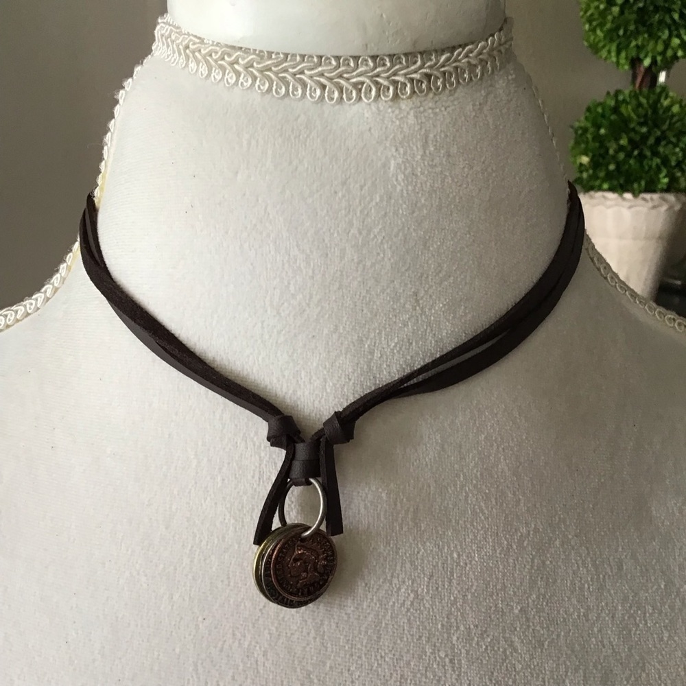 Leatherette ADJUSTABLE Necklace 3 Faux Coins Surfer Boho Style Unisex Slide NEW - Picture 6 of 13